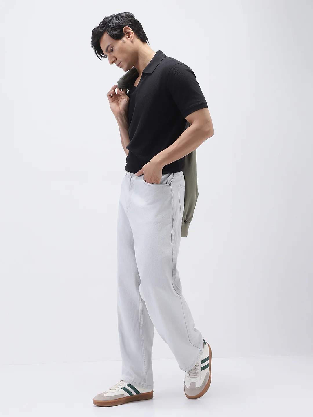 Men's Light Grey Loose Fit Washed Jeans Non-Stretchable - Image 4