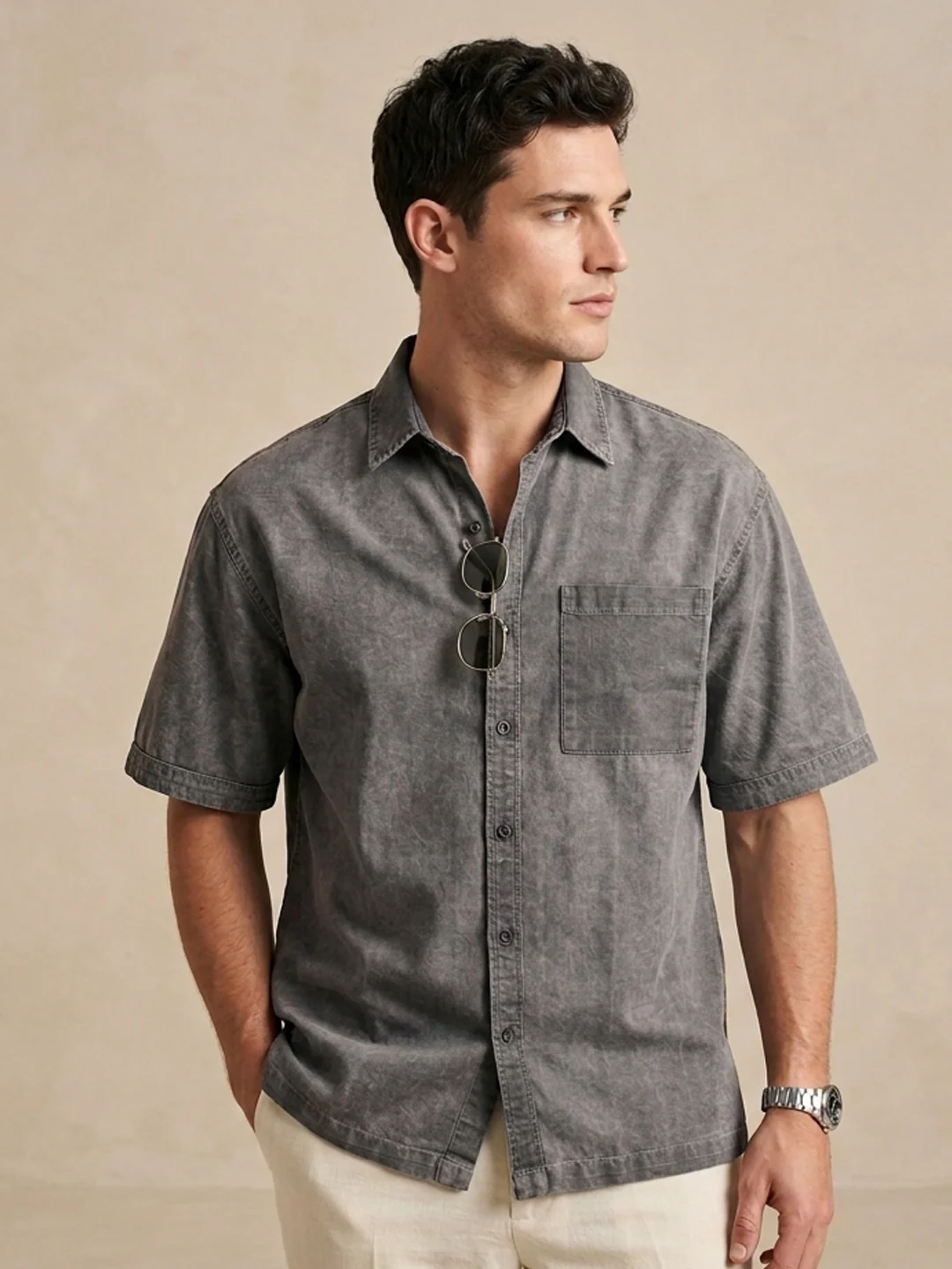 Men's Light Grey Oversized Fit Half Sleeve Solid Casual Denim Shirt