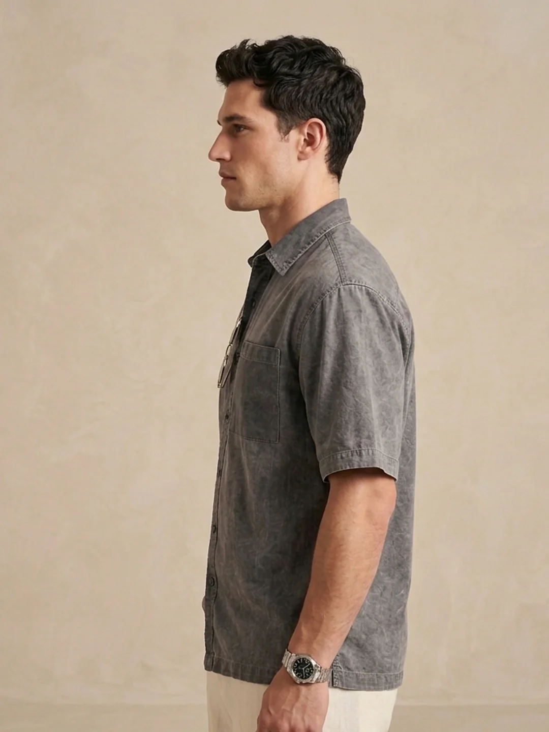 Men's Light Grey Oversized Fit Half Sleeve Solid Casual Denim Shirt - Image 2