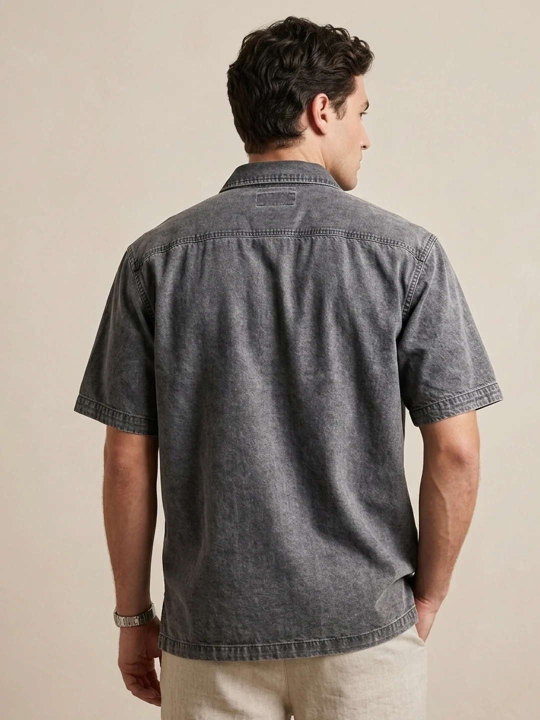 Men's Light Grey Oversized Fit Half Sleeve Solid Casual Denim Shirt - Image 3