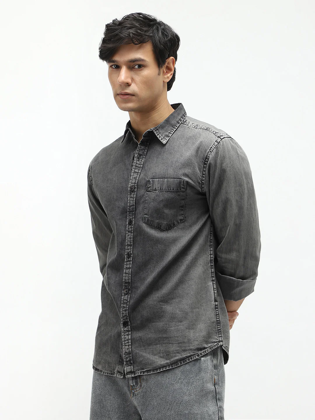 Men's Light Grey Regular Fit Full Sleeve Washed Denim Shirt - Image 2