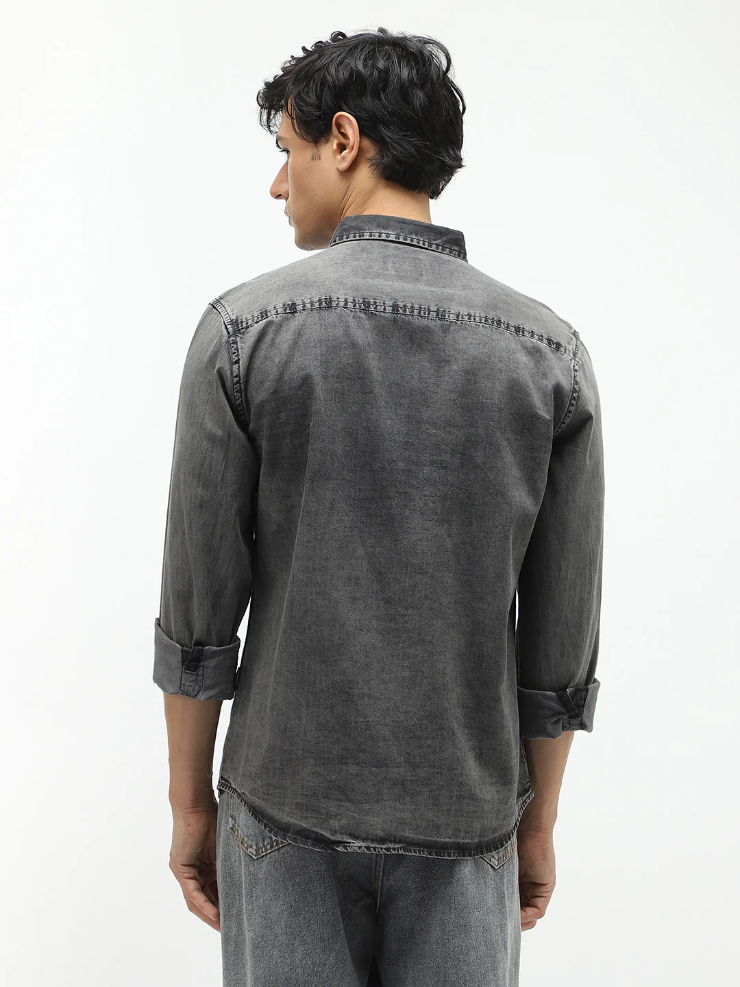 Men's Light Grey Regular Fit Full Sleeve Washed Denim Shirt - Image 3