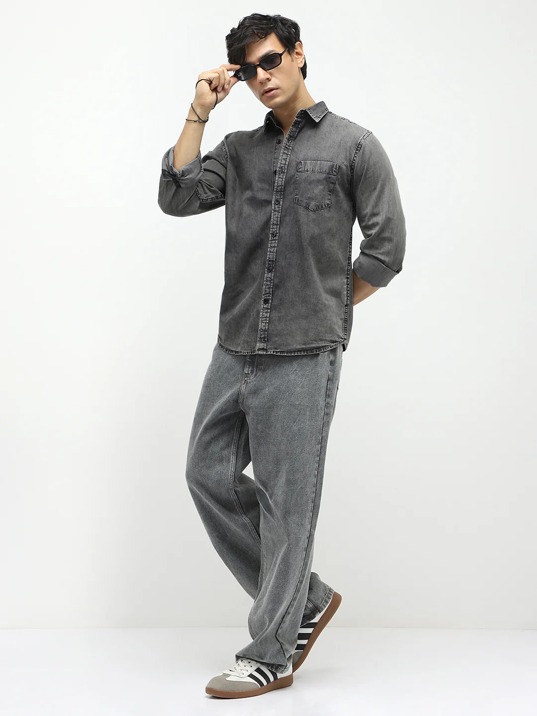 Men's Light Grey Regular Fit Full Sleeve Washed Denim Shirt - Image 4