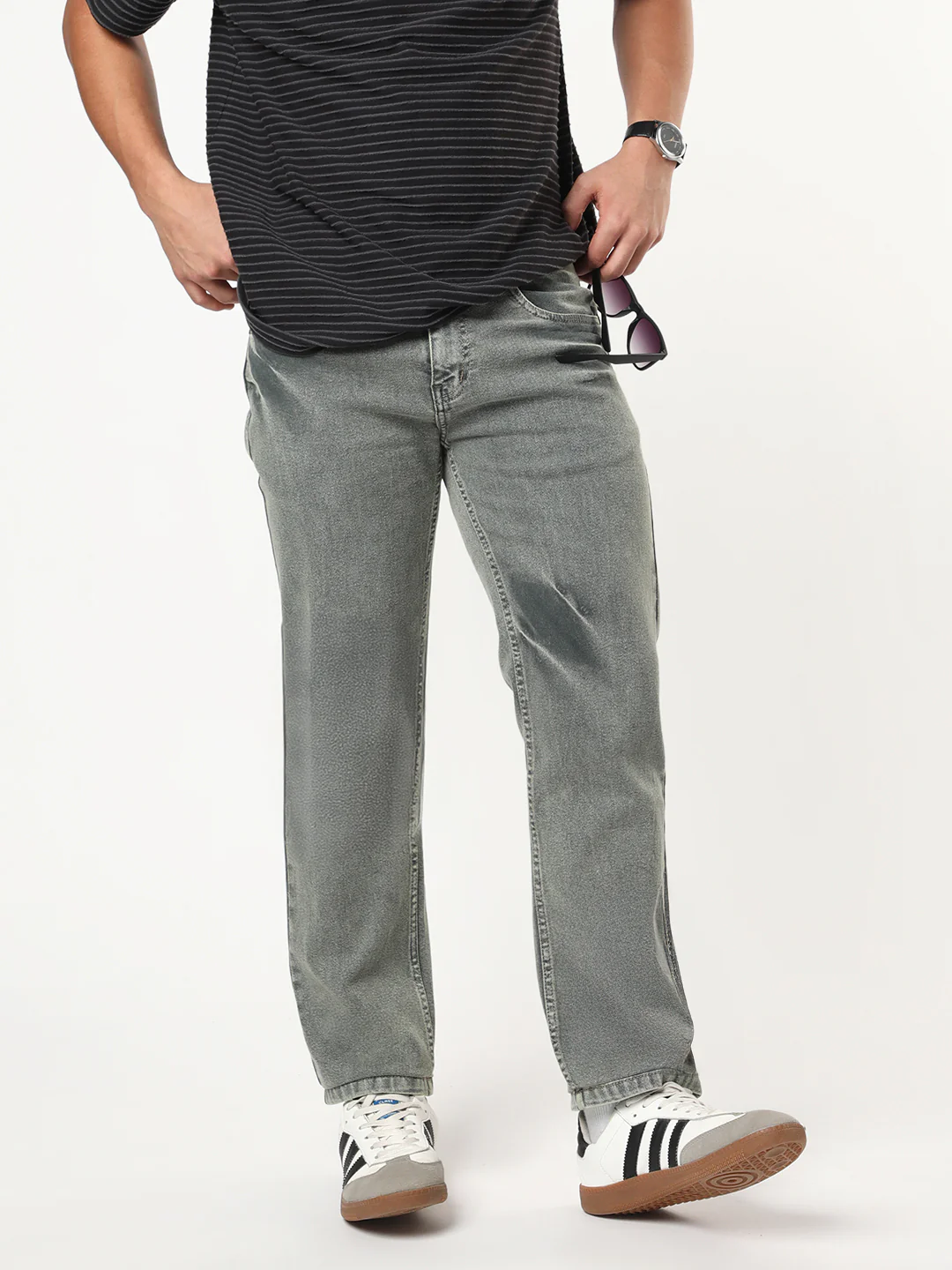 Men's Light Grey Regular Fit Acid Washed Denim Jeans Stretchable