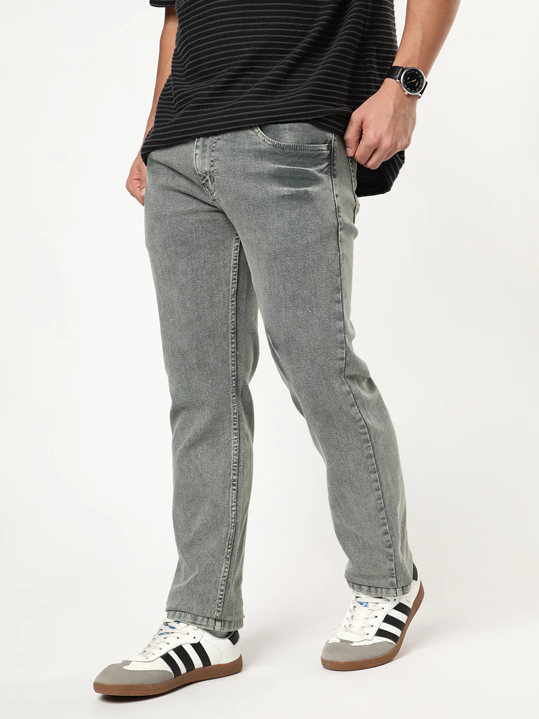 Men's Light Grey Regular Fit Acid Washed Denim Jeans Stretchable - Image 2