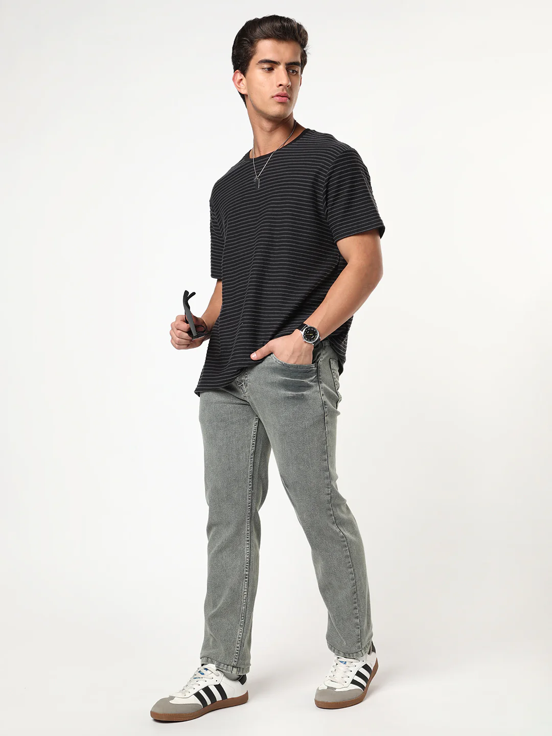 Men's Light Grey Regular Fit Acid Washed Denim Jeans Stretchable - Image 4