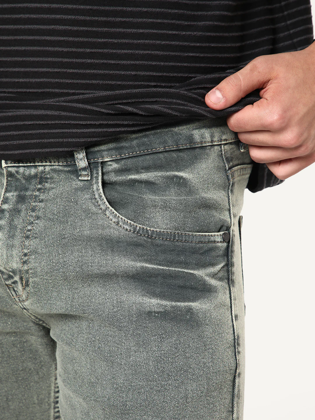 Men's Light Grey Regular Fit Acid Washed Denim Jeans Stretchable - Image 5