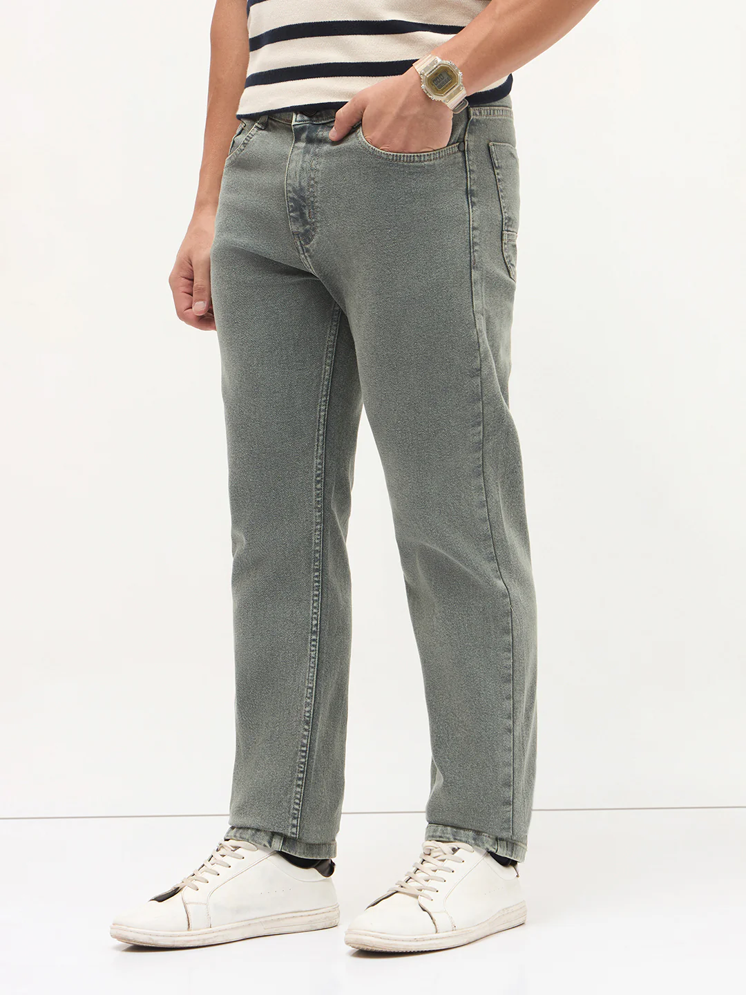 Men's Light Grey Regular Fit Towel Washed Yellow Tint Denim Jeans Stretchable - Image 3