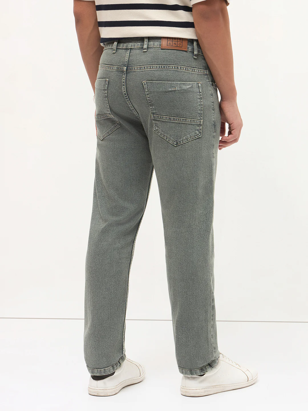 Men's Light Grey Regular Fit Towel Washed Yellow Tint Denim Jeans Stretchable - Image 4