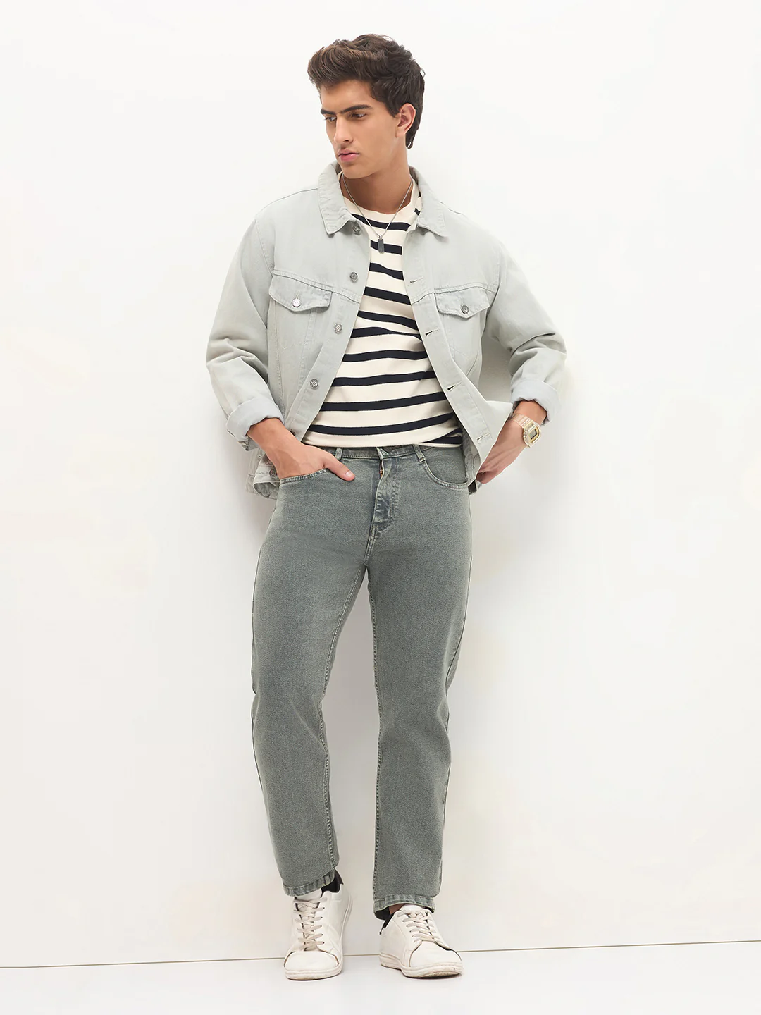 Men's Light Grey Regular Fit Towel Washed Yellow Tint Denim Jeans Stretchable - Image 5