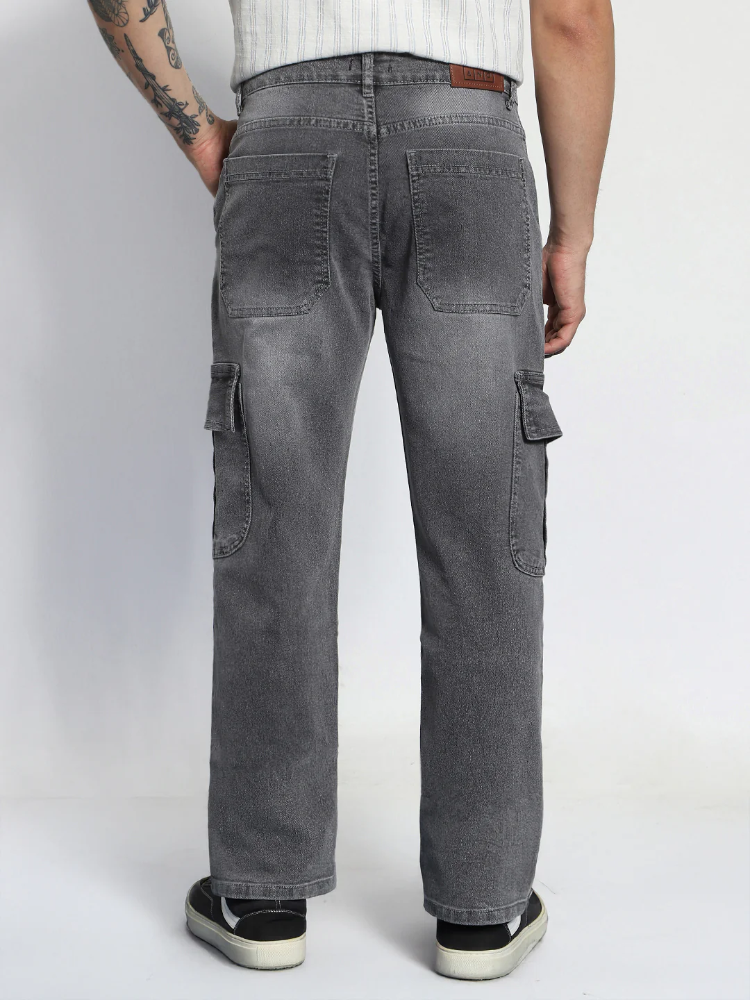 Men's Light Grey Regular Fit Washed Cargo Jeans With 6 Pockets Stretchable - Image 3