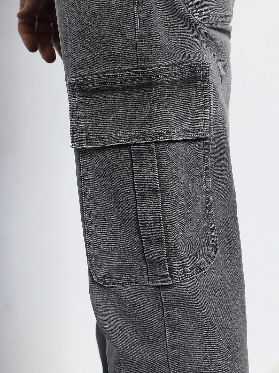 Men's Light Grey Regular Fit Washed Cargo Jeans With 6 Pockets Stretchable - Image 5