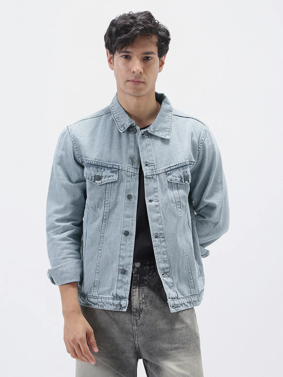 Men's Light Grey Regular Fit Washed Full Sleeve Denim Jacket - Image 3