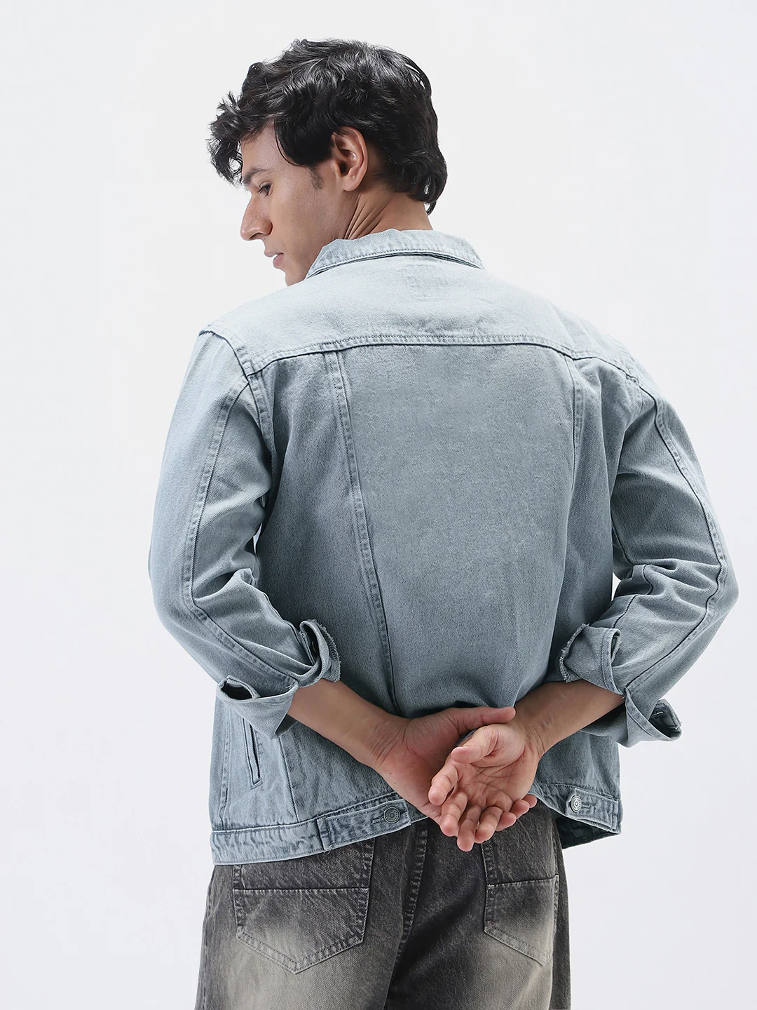 Men's Light Grey Regular Fit Washed Full Sleeve Denim Jacket - Image 5
