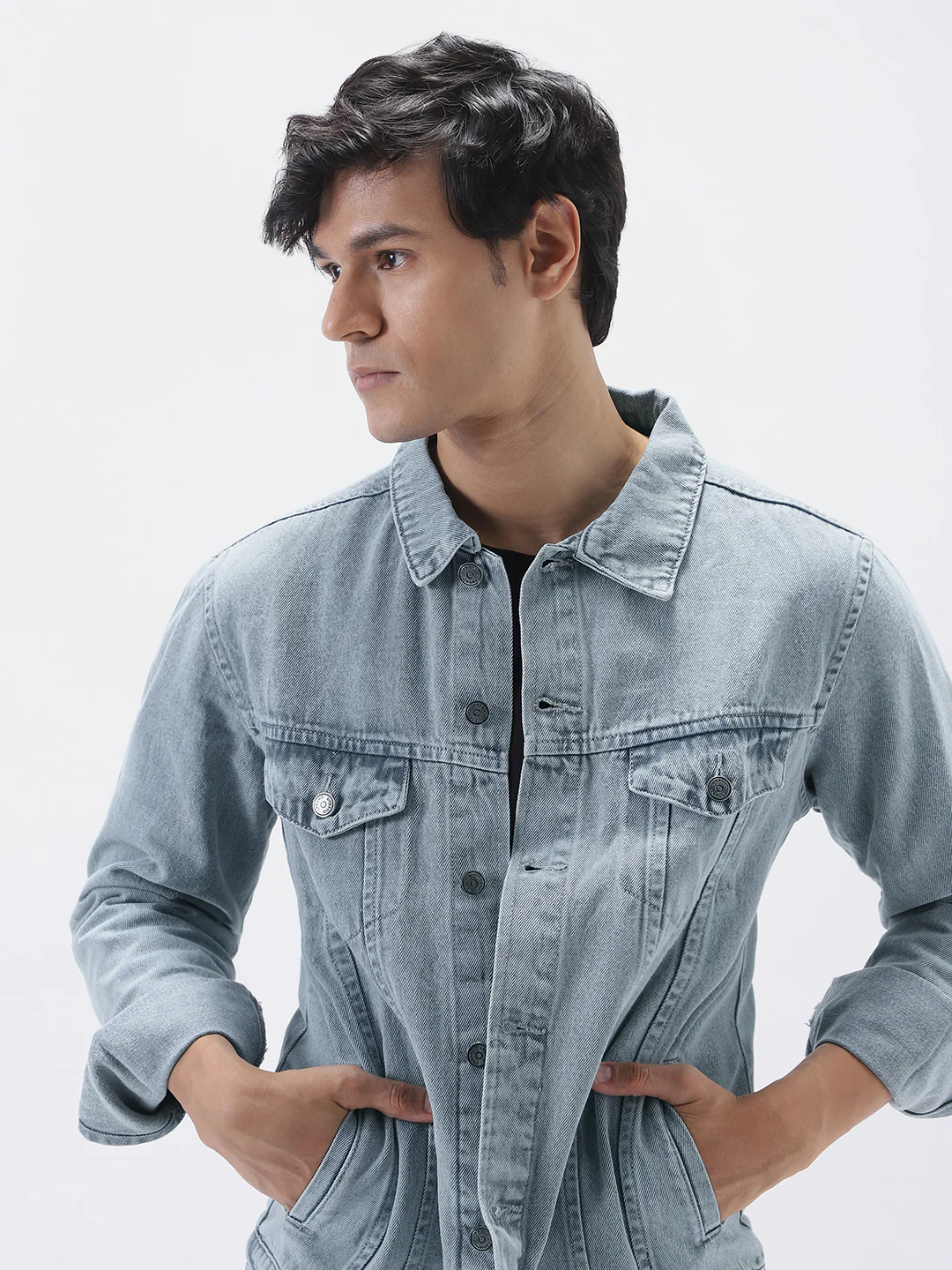 Men's Light Grey Regular Fit Washed Full Sleeve Denim Jacket - Image 7