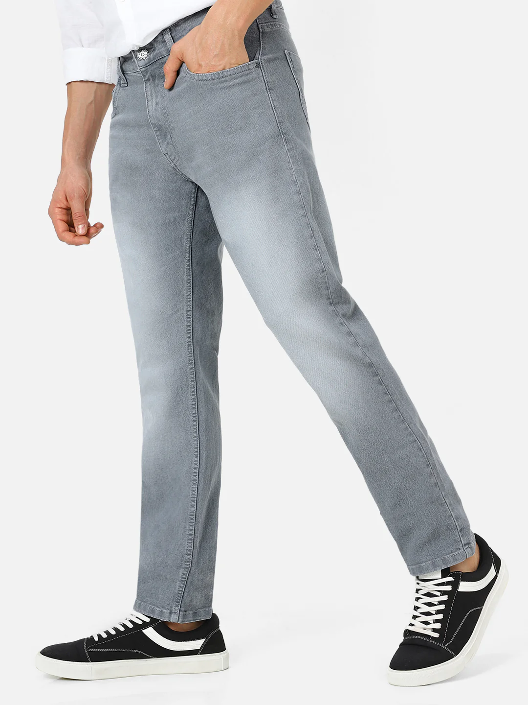 Men's Light Grey Regular Fit Washed Jeans Stretchable - Image 2