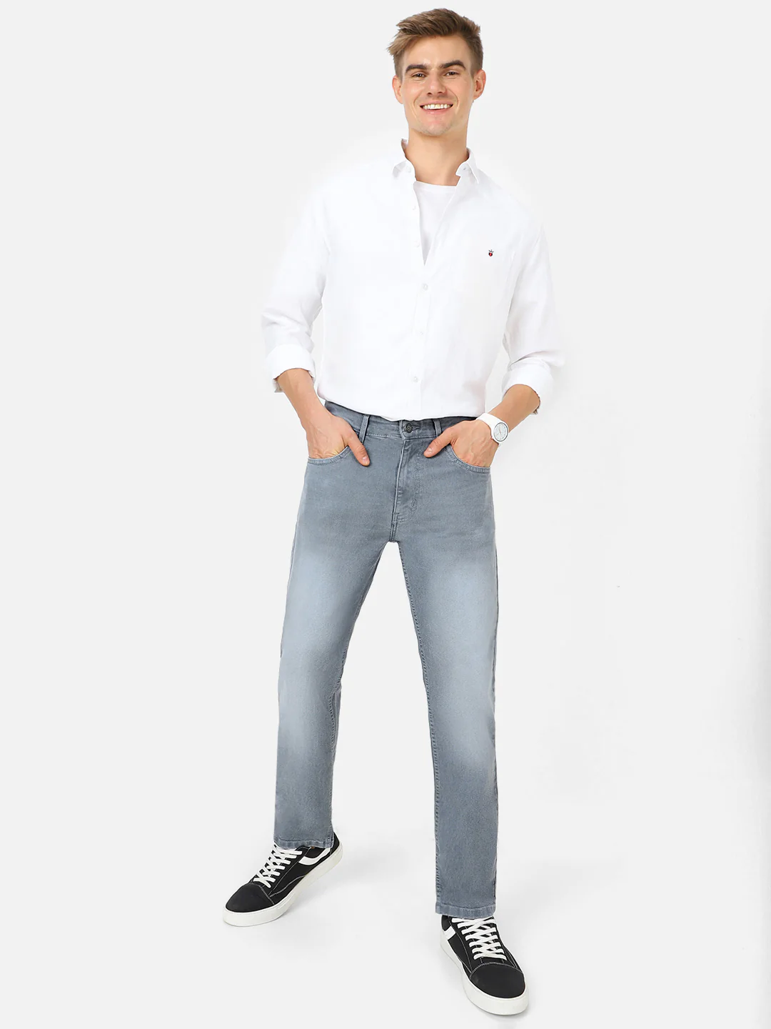 Men's Light Grey Regular Fit Washed Jeans Stretchable - Image 4