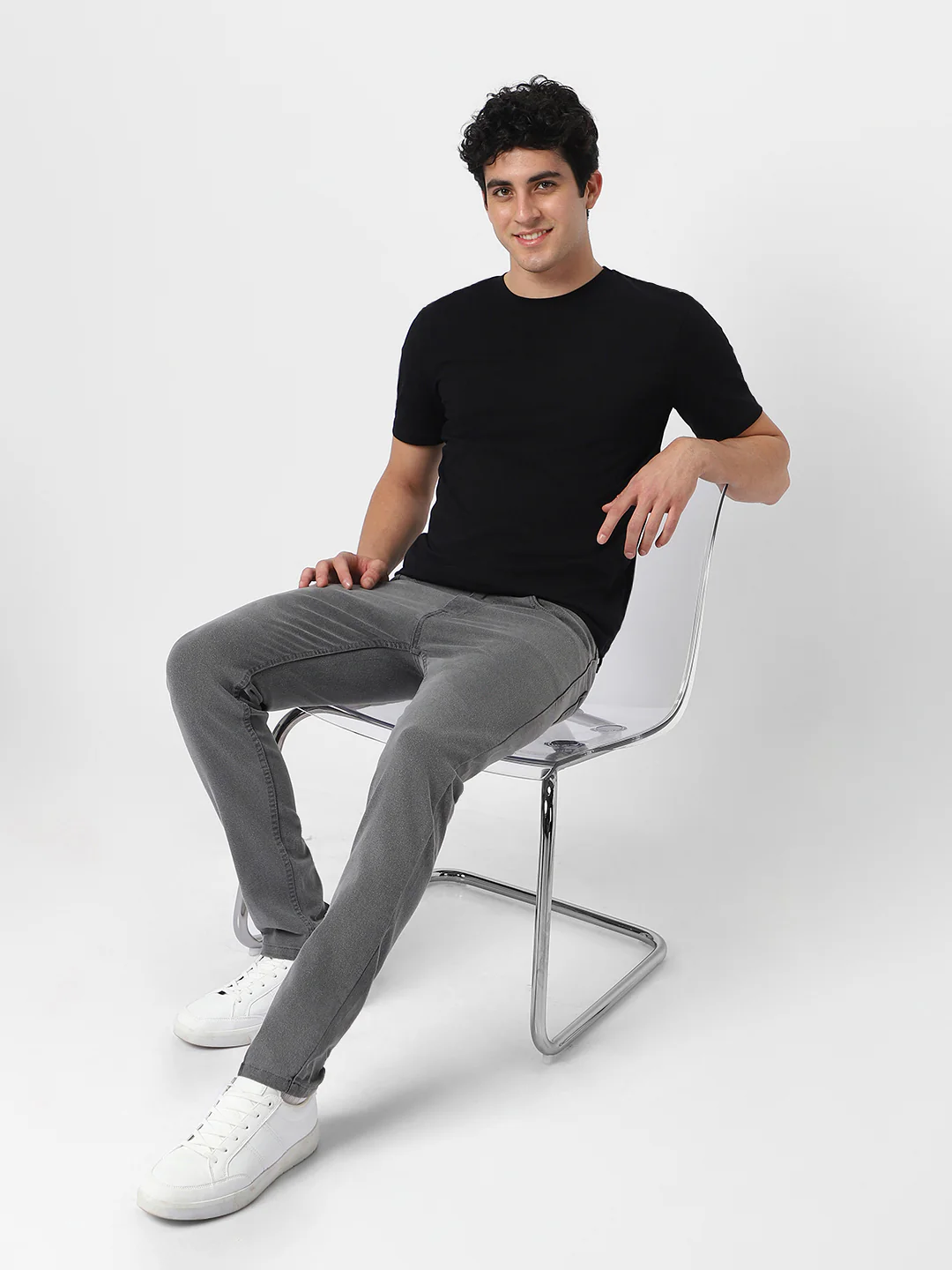 Men's Light Grey Regular Fit Washed Jeans Stretchable - Image 4