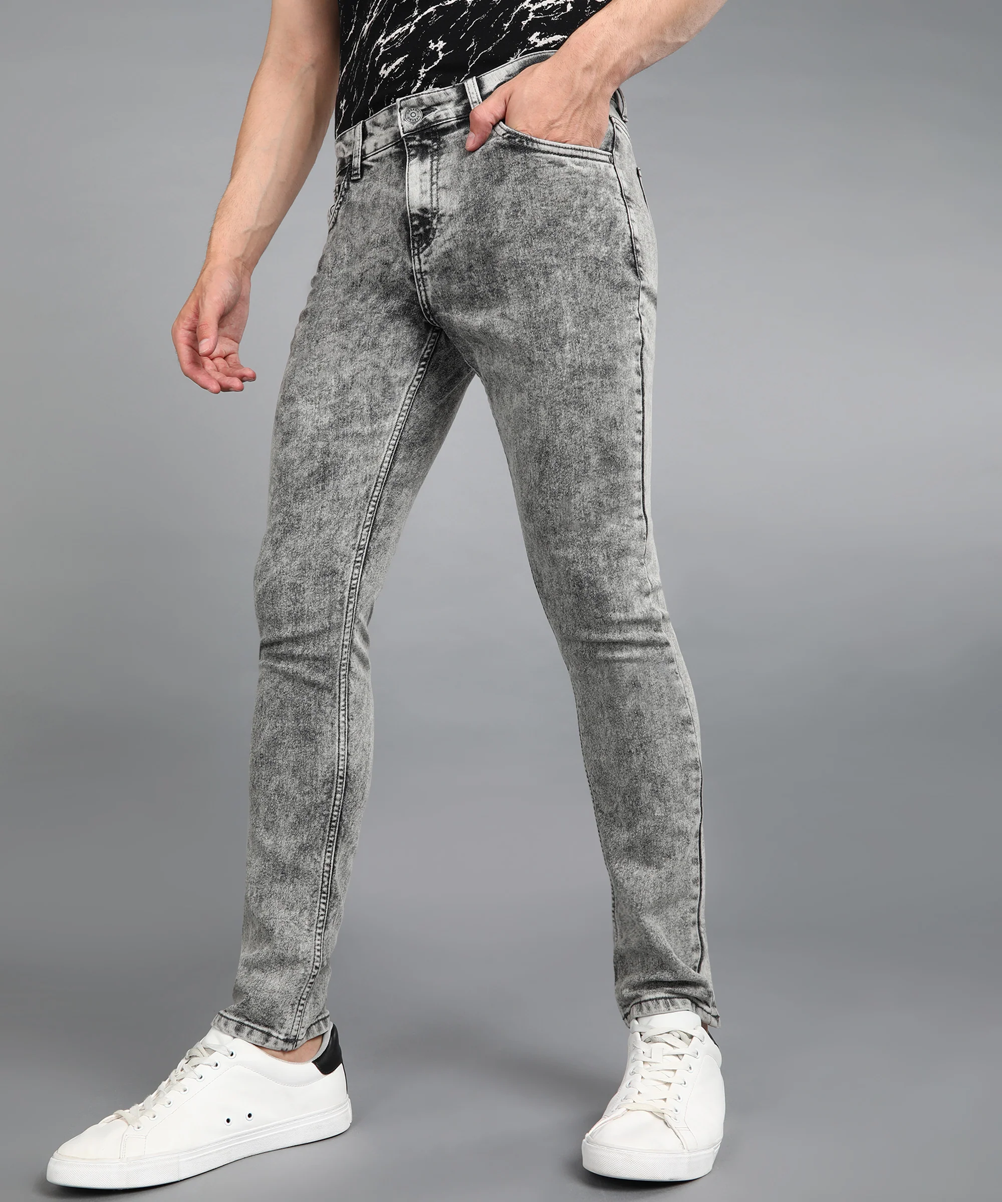 Men's Light Grey Regular Fit Washed Jeans Stretchable - Image 2