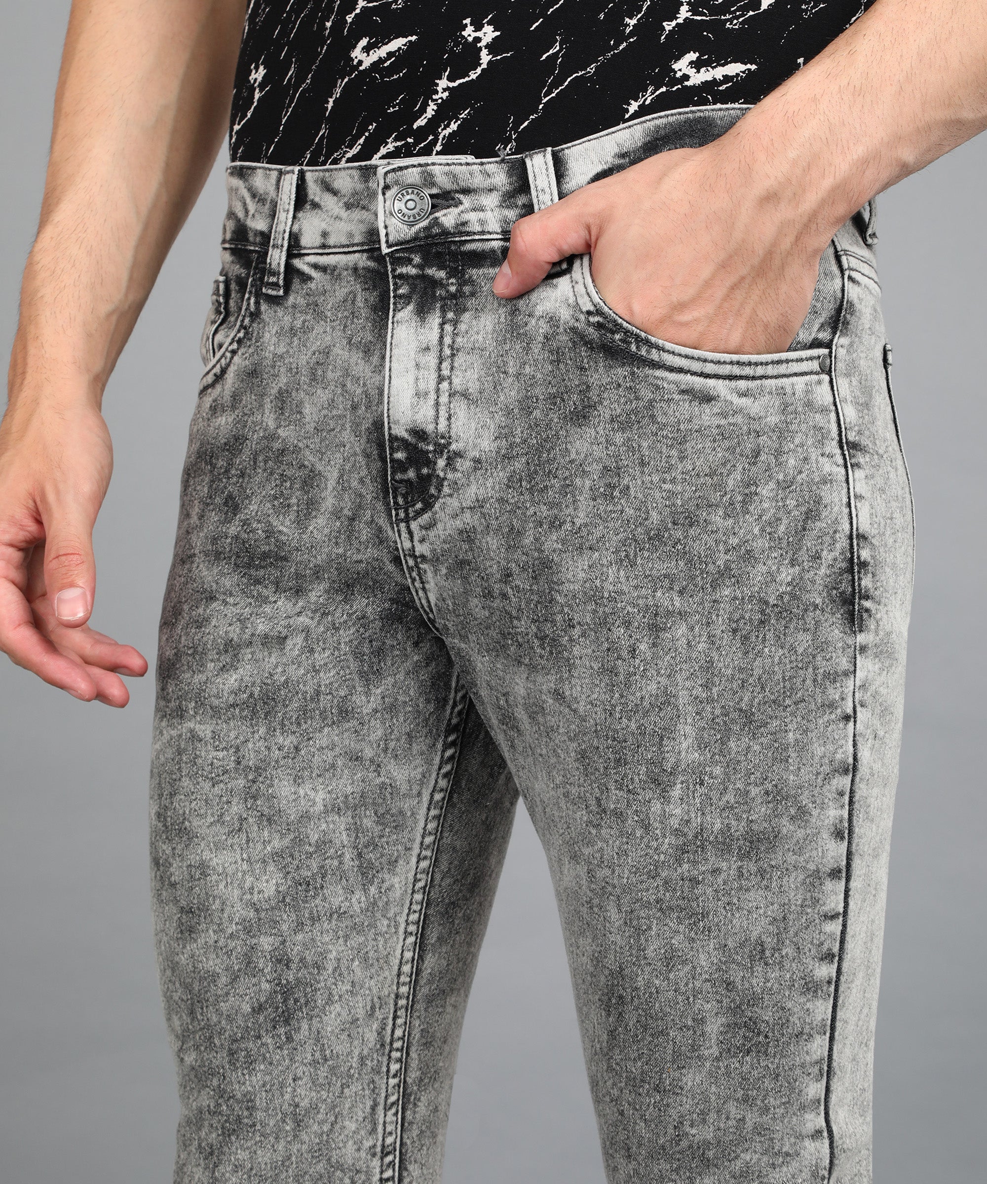 Men's Light Grey Regular Fit Washed Jeans Stretchable - Image 5