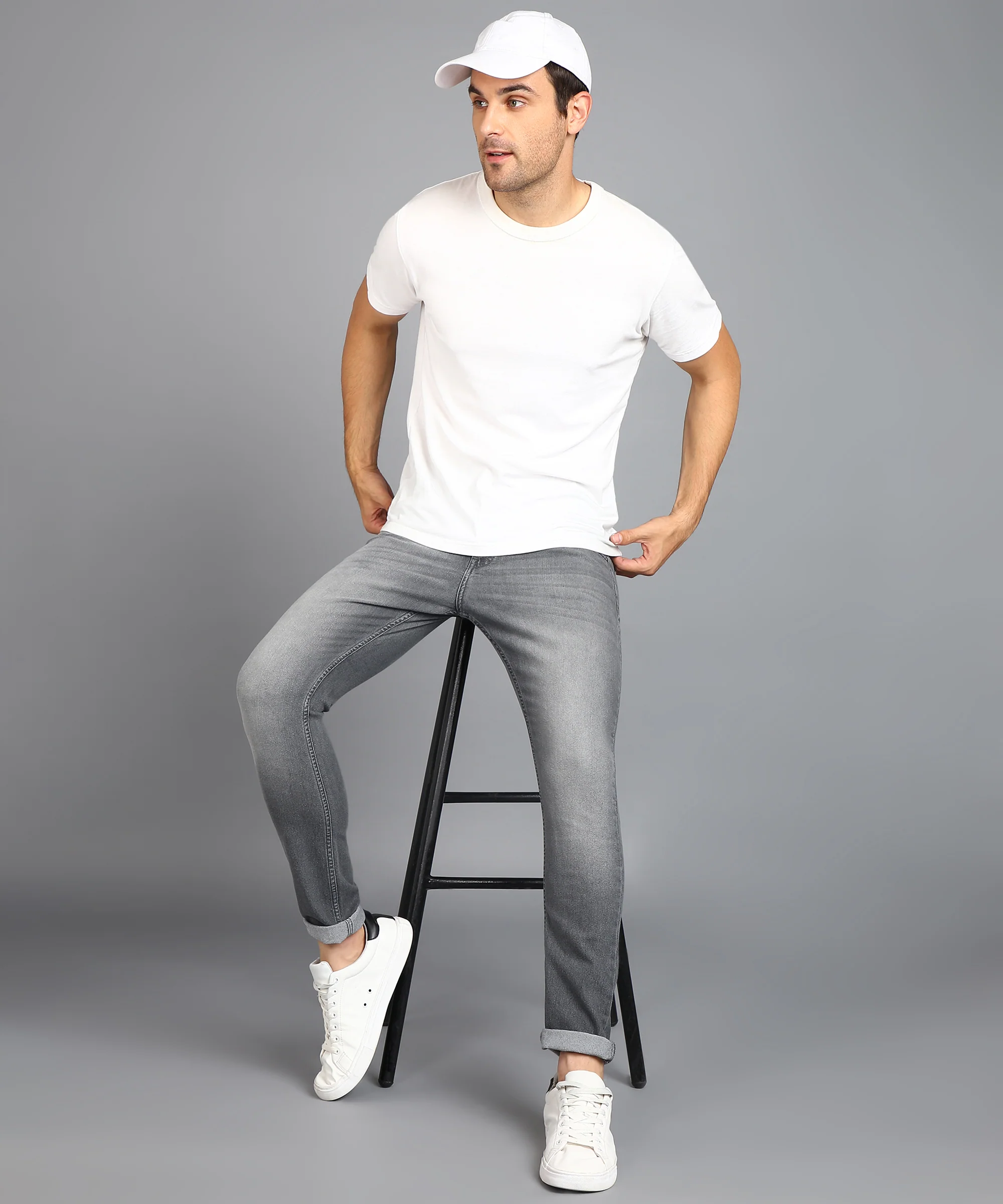 Men's Light Grey Regular Fit Washed Jeans Stretchable - Image 4