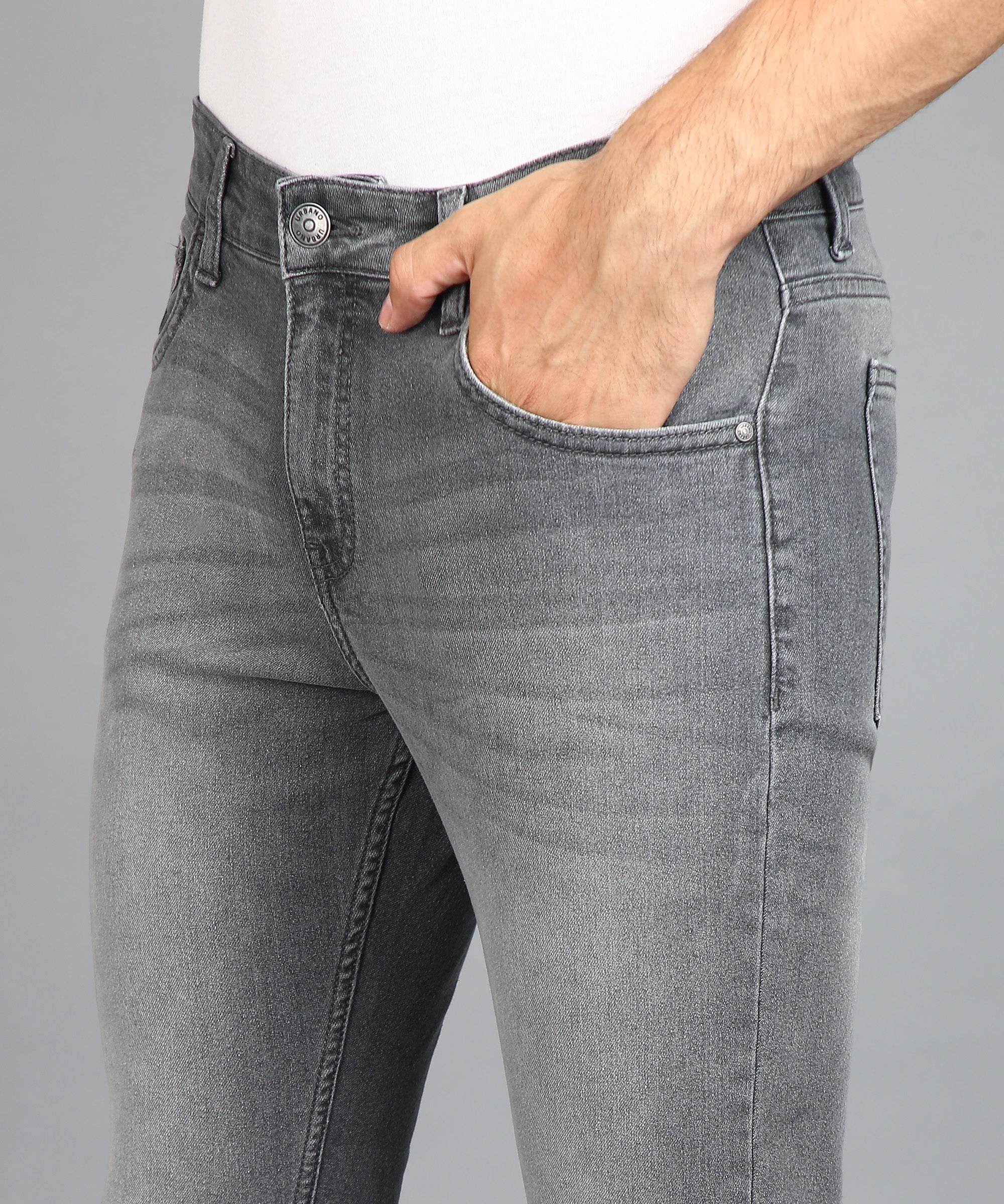 Men's Light Grey Regular Fit Washed Jeans Stretchable - Image 5