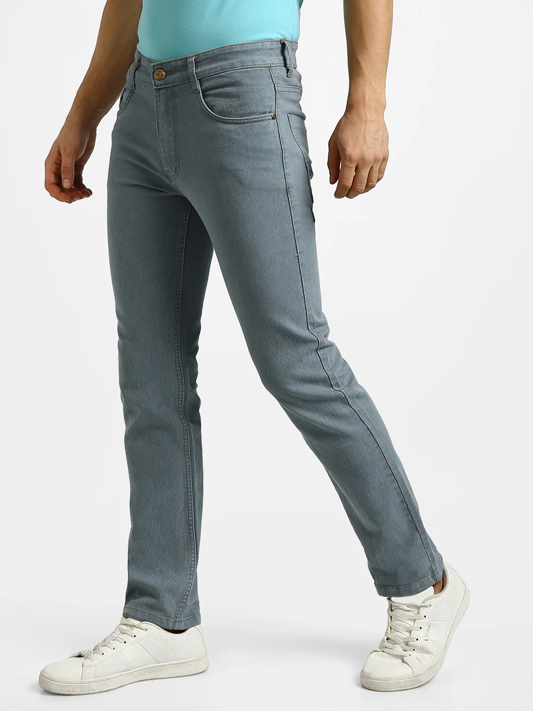 Men's Light Grey Regular Fit Washed Jeans Stretchable - Image 3