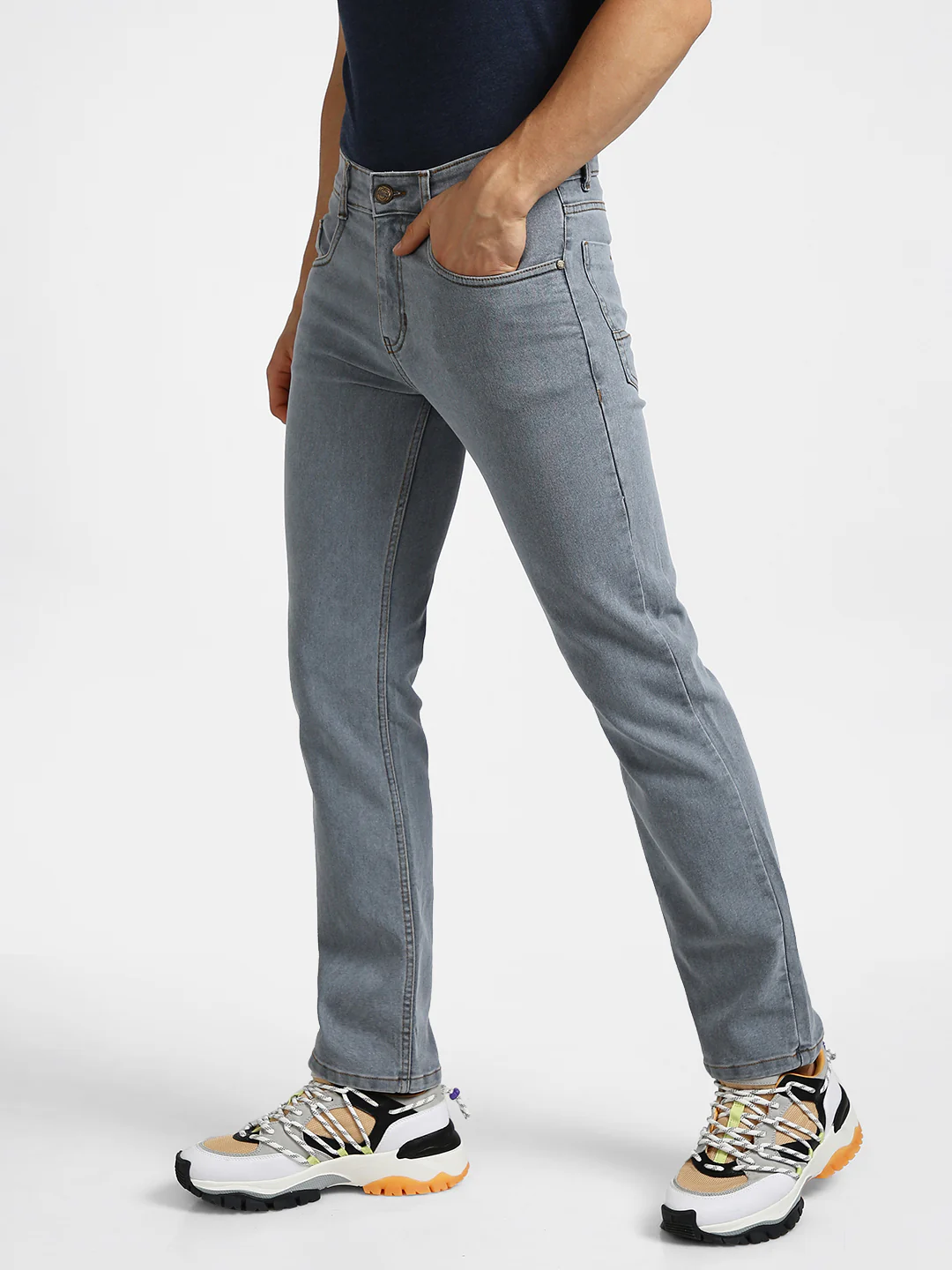 Men's Light Grey Regular Fit Washed Jeans Stretchable - Image 3