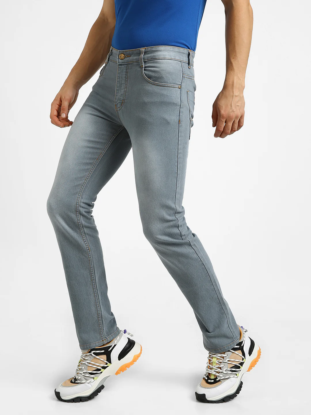 Men Light Grey Regular Fit Washed Stretchable Jeans - Image 2