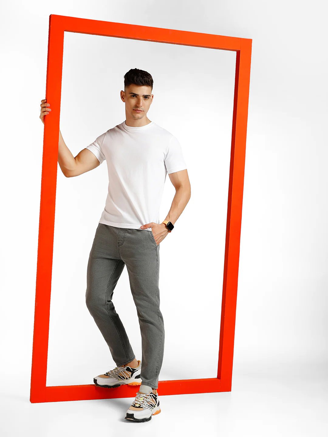 Men's Light Grey Regular Fit Washed Jogger Jeans Stretchable - Image 4