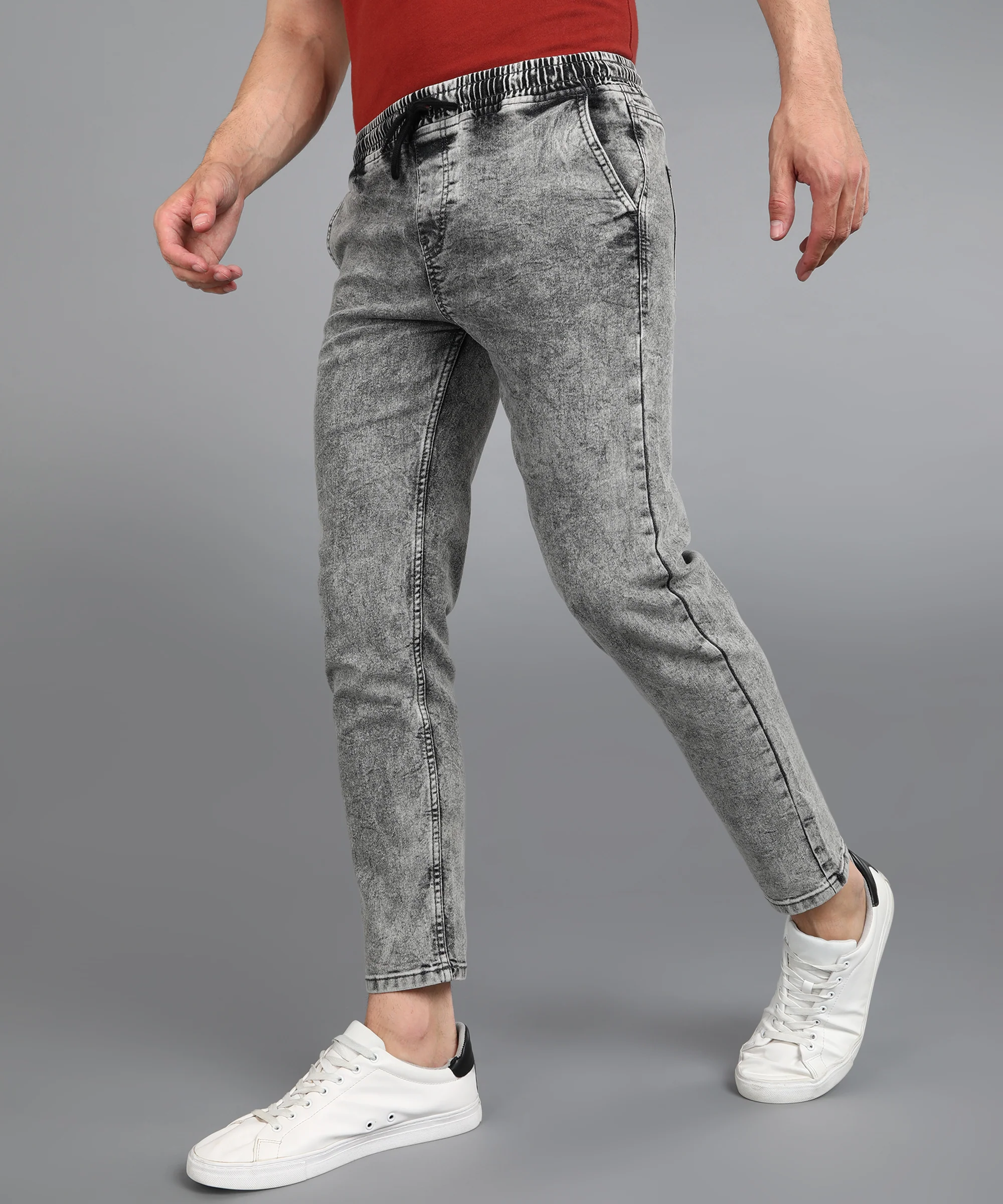 Men's Light Grey Regular Fit Washed Jogger Jeans Stretchable - Image 2