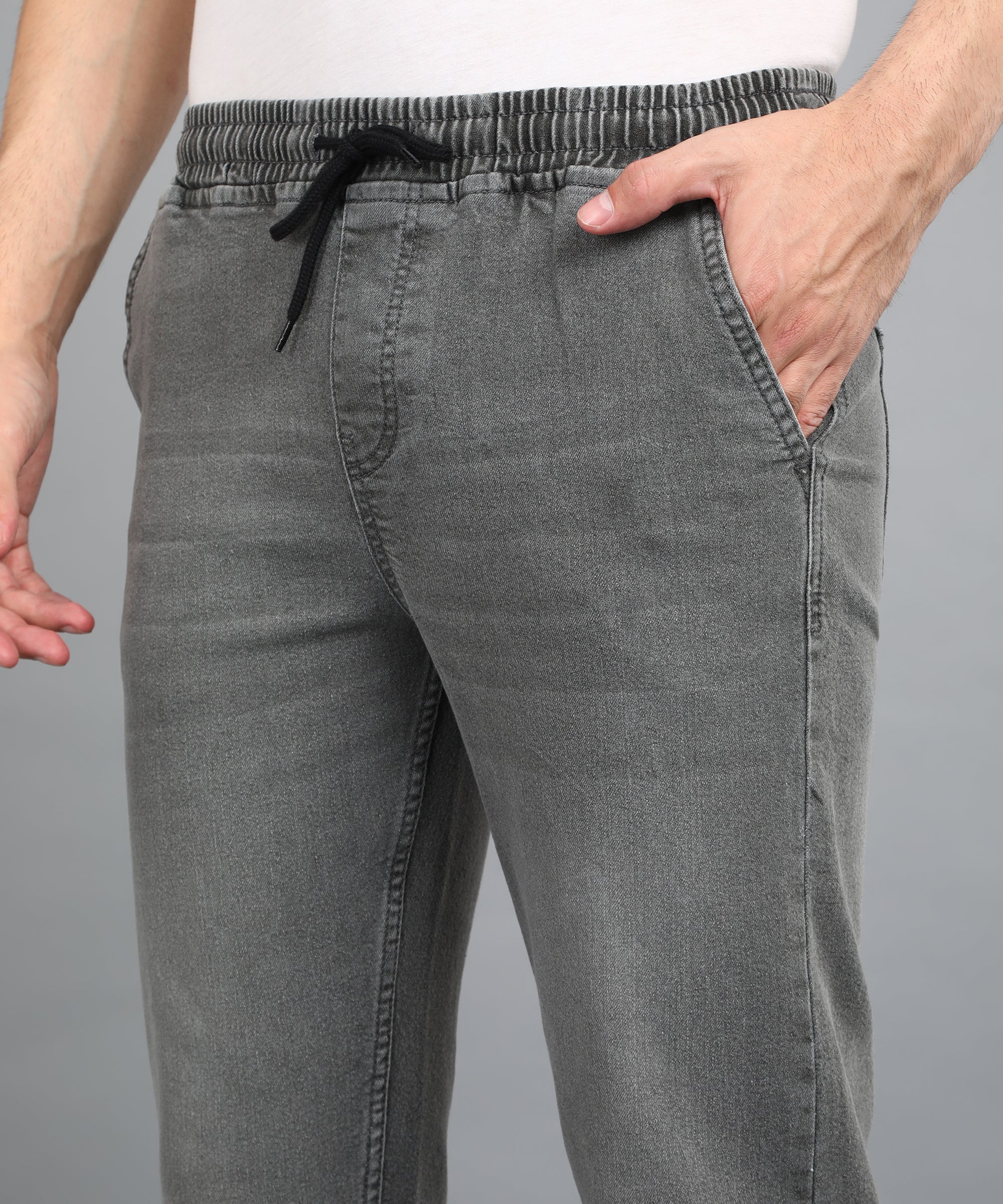 Men's Light Grey Regular Fit Washed Jogger Jeans Stretchable - Image 5