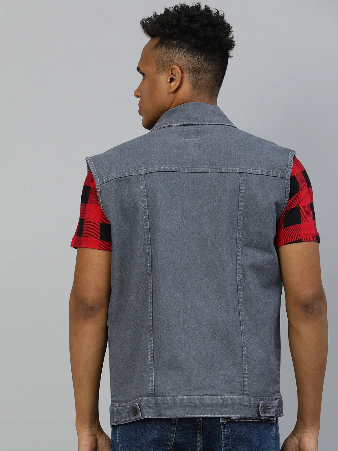 Men's Light Grey Regular Fit Washed Sleeveless Denim Jacket - Image 3