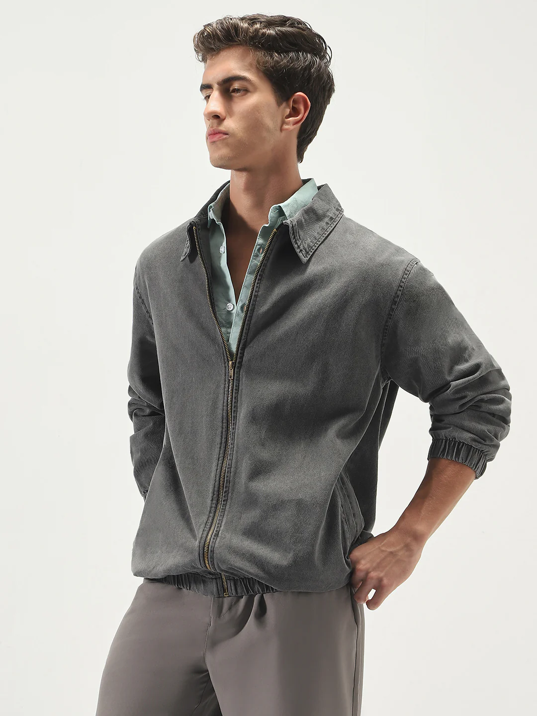 Men's Light Grey Relaxed Fit Full Sleeve Harrington Denim Jacket - Image 2