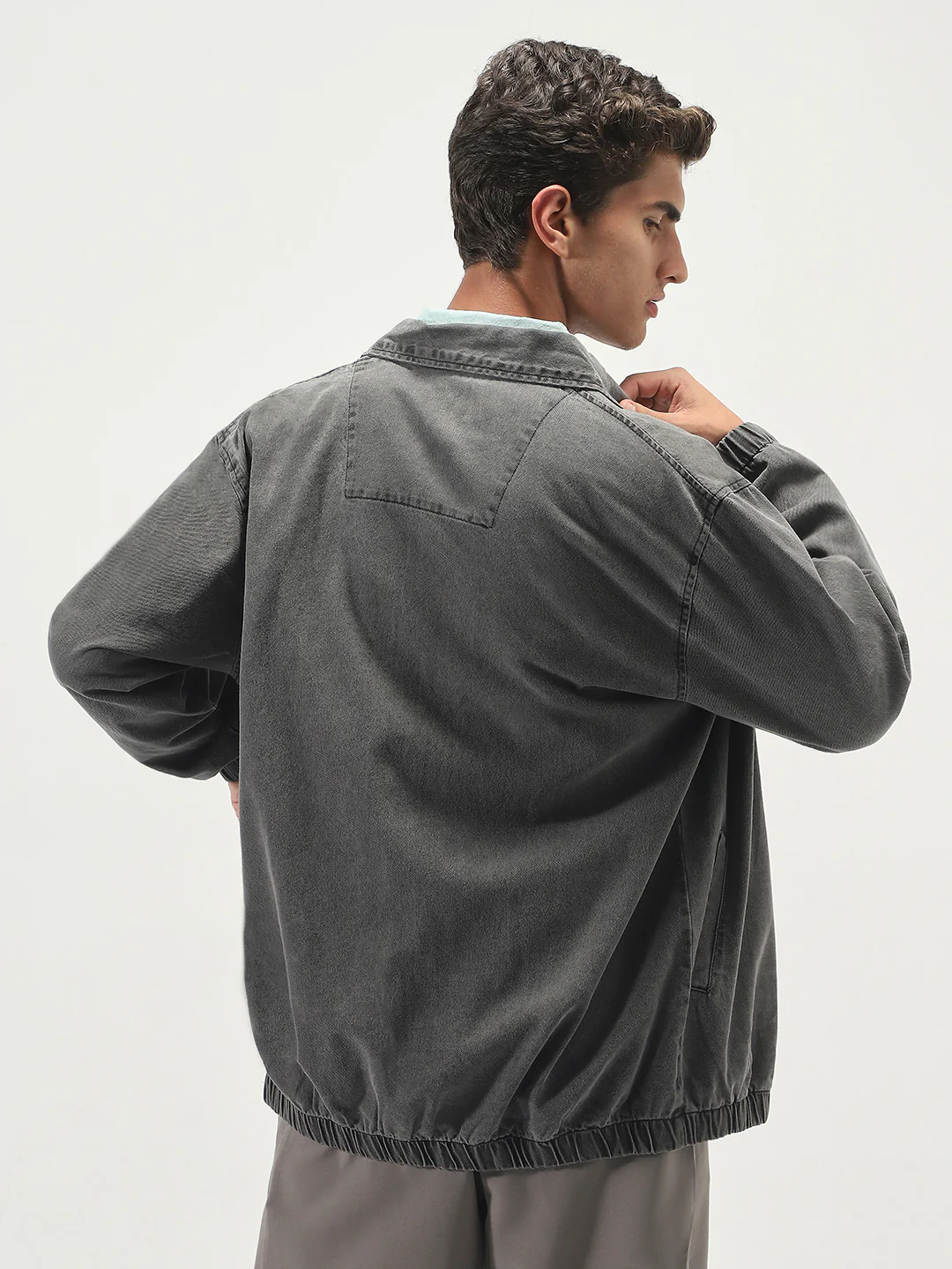 Men's Light Grey Relaxed Fit Full Sleeve Harrington Denim Jacket - Image 3