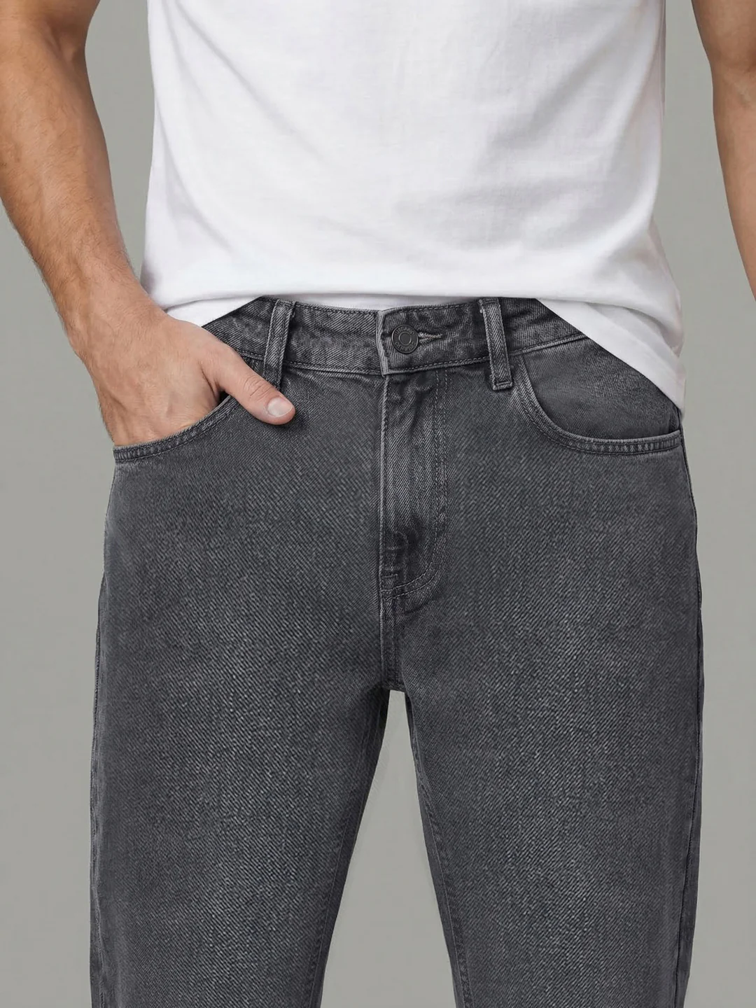 Men's Light Grey Relaxed Fit Washed Denim Jeans Non-Stretchable - Image 6