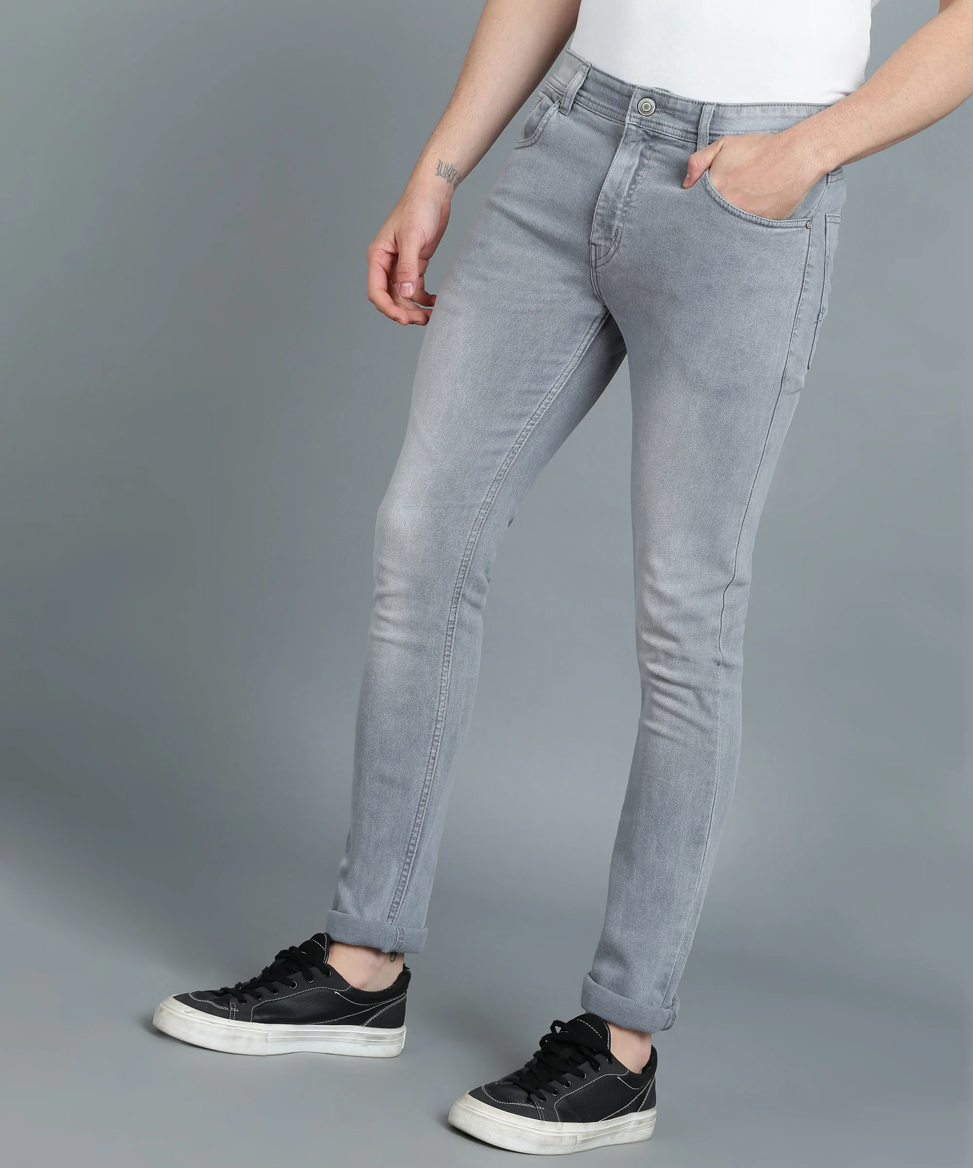 Men's Light Grey Skinny Fit Washed Jeans Stretchable - Image 2