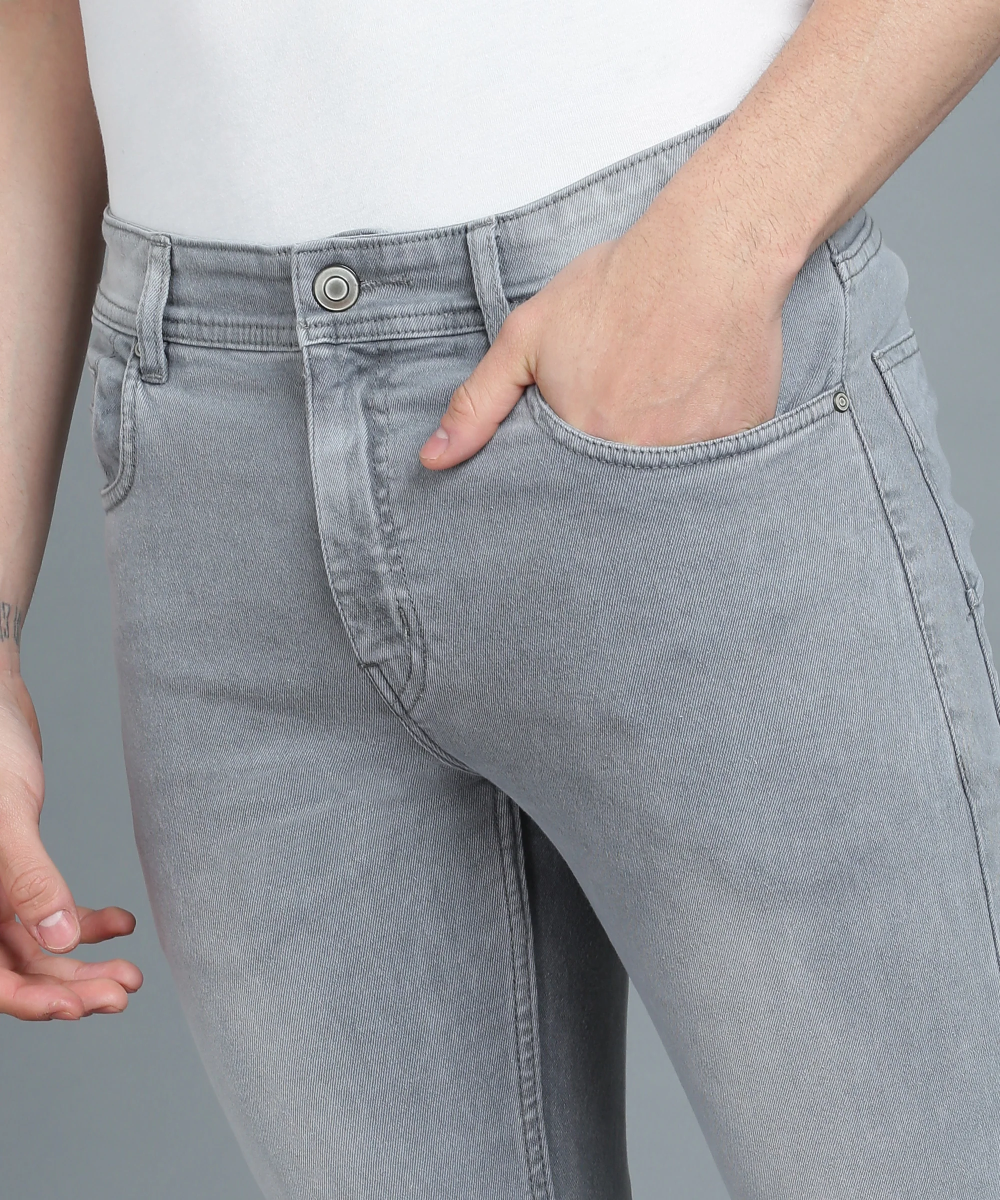 Men's Light Grey Skinny Fit Washed Jeans Stretchable - Image 5