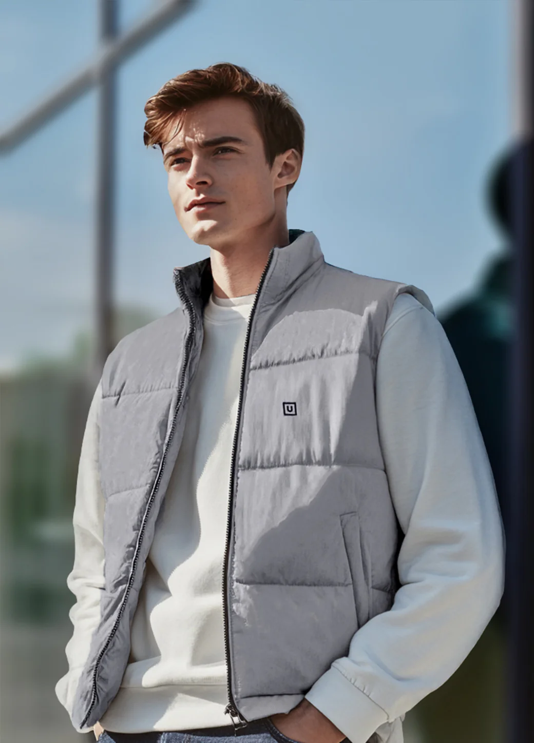 Men's Light Grey Sleeveless Zippered Puffer Jacket