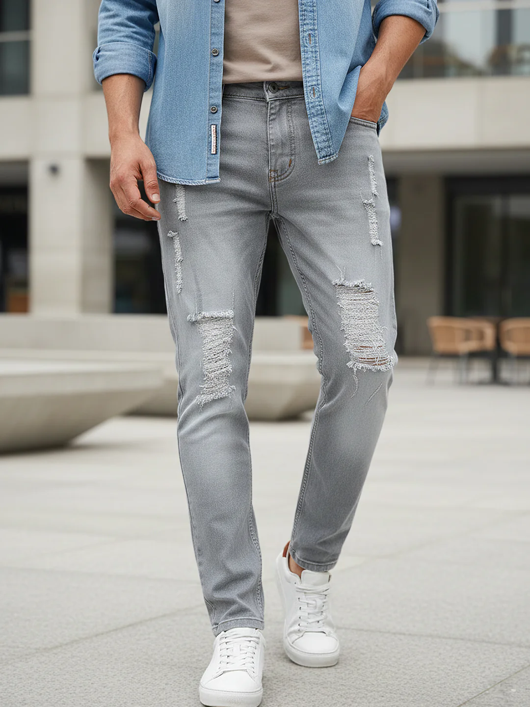 Men's Light Grey Slim Fit Heavy Distressed/Torn Jeans