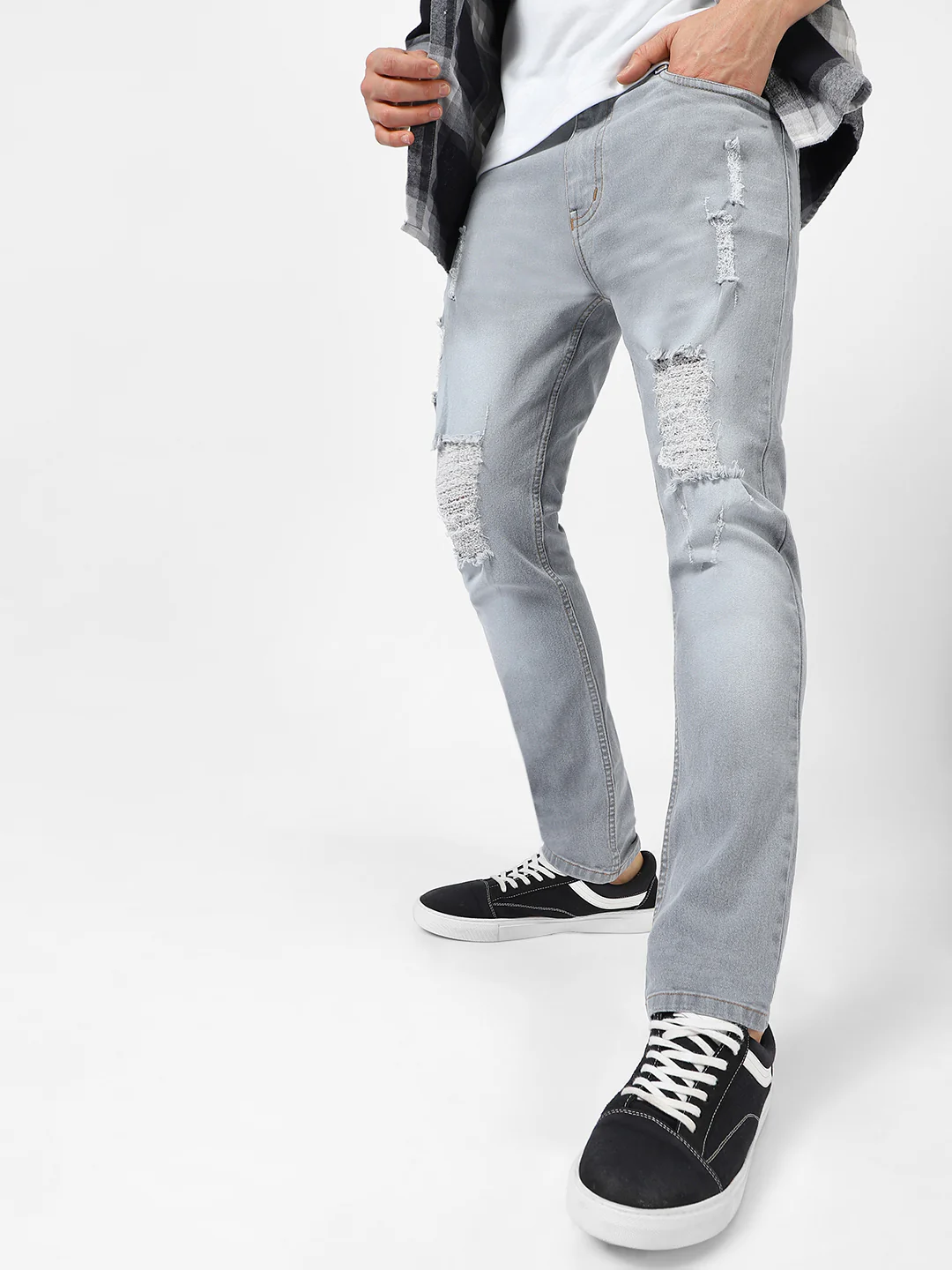 Men's Light Grey Slim Fit Heavy Distressed/Torn Jeans - Image 2