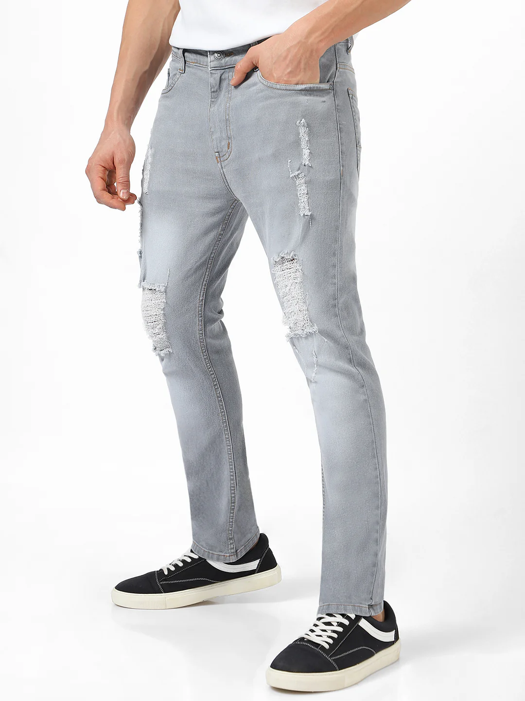 Men's Light Grey Slim Fit Heavy Distressed/Torn Jeans - Image 3