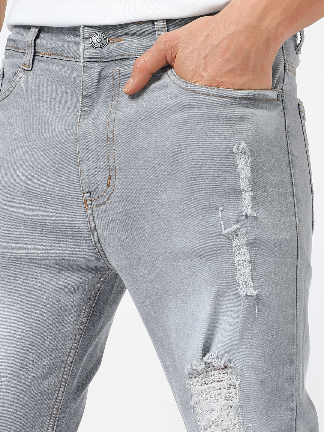 Men's Light Grey Slim Fit Heavy Distressed/Torn Jeans - Image 5