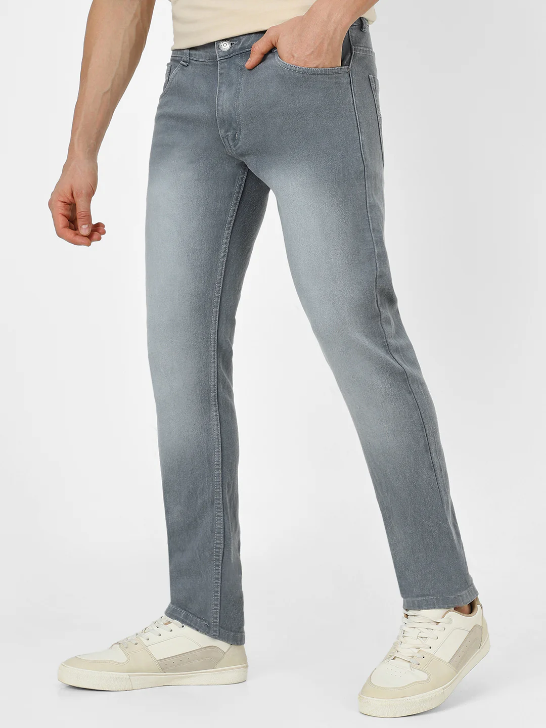 Men's Light Grey Slim Fit Stretch Jeans - Image 2
