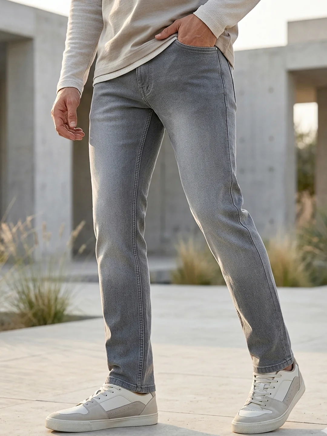 Men's Light Grey Slim Fit Stretch Jeans - Image 7