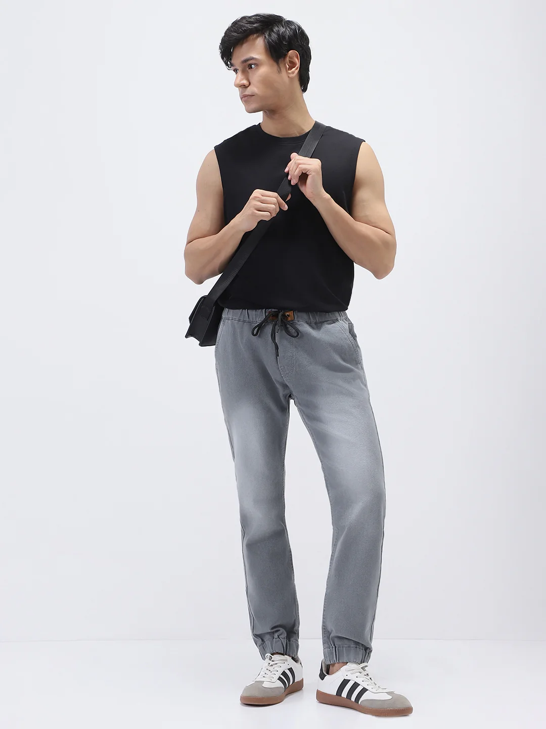 Men's Light Grey Slim Fit Stretch Jogger Jeans - Image 5