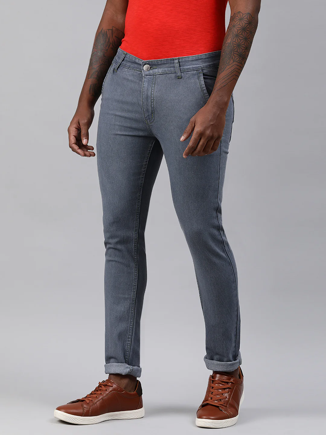 Men's Light Grey Slim Fit Washed Jeans Stretchable - Image 2