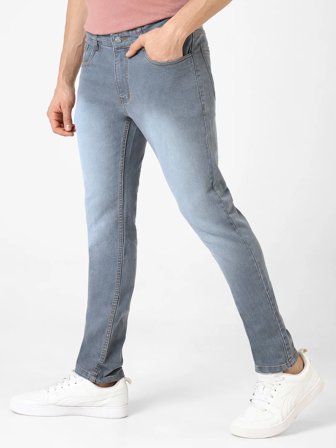 Men's Light Grey Slim Fit Washed Jeans Stretchable - Image 3