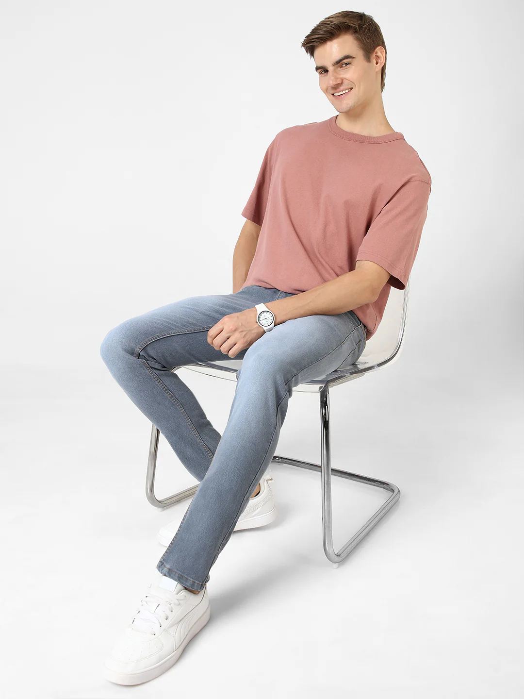 Men's Light Grey Slim Fit Washed Jeans Stretchable - Image 5