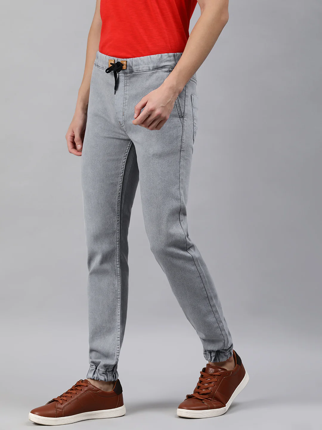 Men's Light Grey Slim Fit Washed Jogger Jeans Stretchable - Image 2